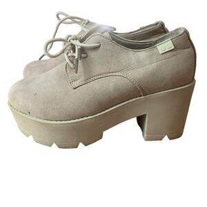 Vtg 90s Y2K Coolway Tan Suede Chunky Lace Up Oxford Heeled Loafers